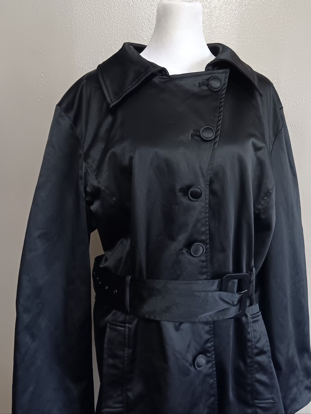 Black Belted Button Up Trench Coat Womens Plus Size 18/20 Dressbarn, Fall - Picture 3 of 9